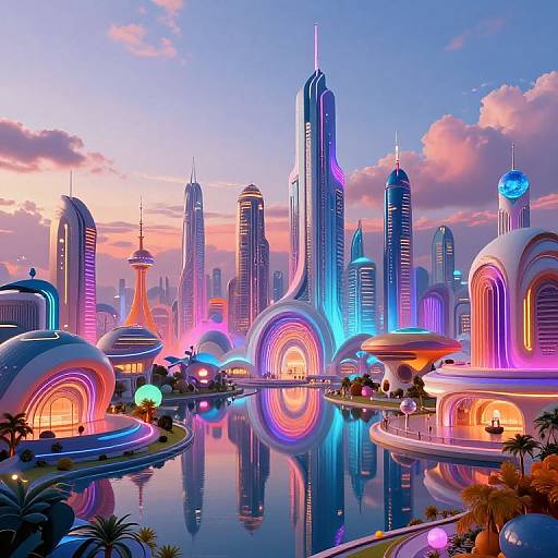 Digital artwork of a futuristic cityscape at sunset with neon-lit skyscrapers, reflective water, and glowing dome buildings. Vibrant blue, pink