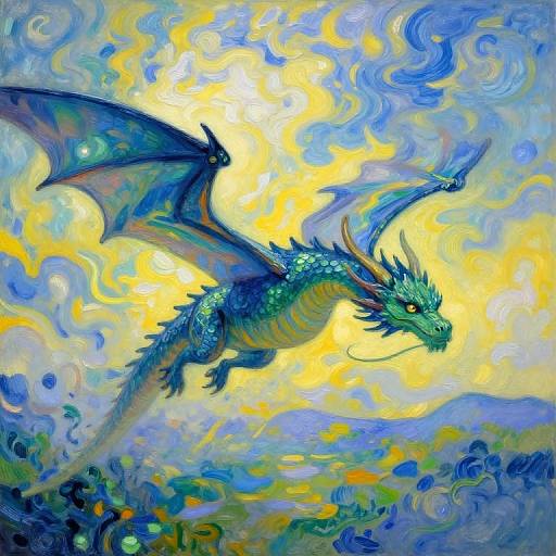 Vibrant digital painting of a blue-green dragon with glowing eyes, soaring through a swirling, colorful sky of yellow and blue.