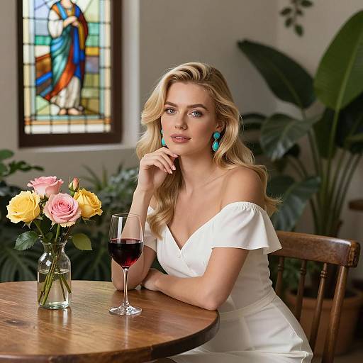 Blonde Woman in White Dress with Wine and Roses