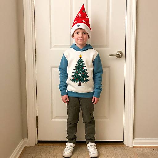 Photograph of a young boy in a red elf hat, blue and white Christmas sweater with tree design, black pants, and white sneakers, standing in