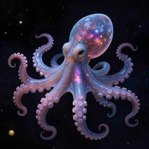 Glowing, iridescent octopus with sparkling, rainbow-hued body and translucent tentacles floating in a starry, dark space background.