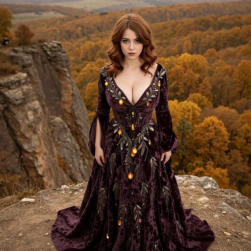 Photograph of a fair-skinned woman with wavy auburn hair in a deep V-neck, black velvet gown adorned with orange gems, standing