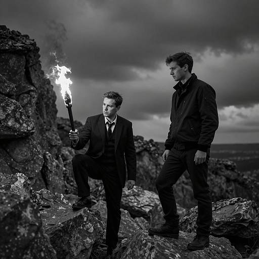 Serious Men on Rocky Terrain Scene