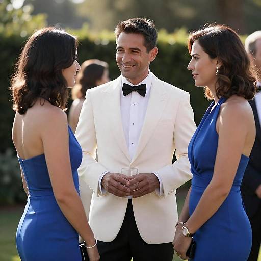 Photograph of a smiling man in a white tuxedo with black bow tie, flanked by two women in blue strapless dresses, outdoors.