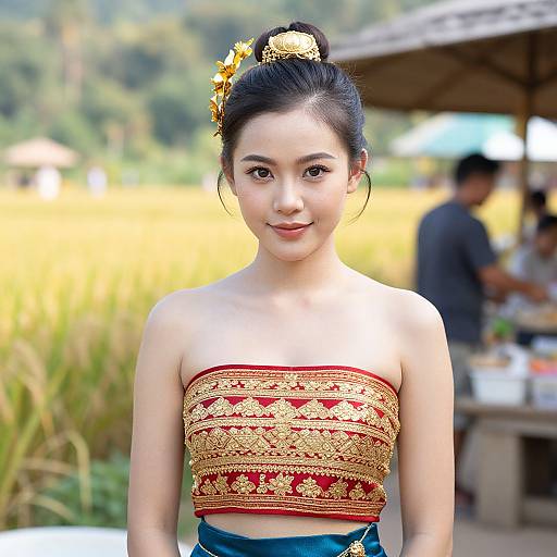 Photograph of an Asian woman with fair skin, black hair in an updo, adorned with gold flowers, wearing a red and gold patterned strap