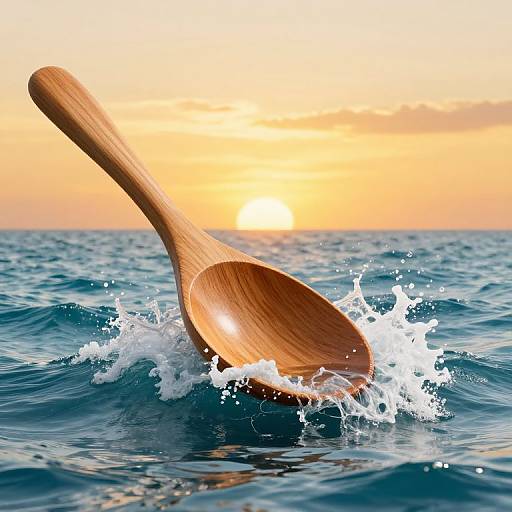Photograph of a wooden spoon splashing into ocean waves at sunset, with orange and yellow sky reflecting on the water surface.