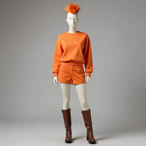 Photograph of a white mannequin with orange mohawk, orange sweater, shorts, and brown boots, standing against a gray studio background.