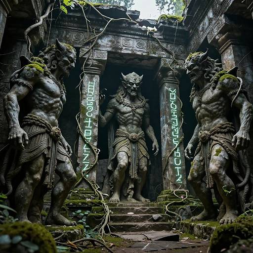 Photograph of three muscular, horned stone statues with glowing blue text, standing in a moss-covered, ancient temple ruin with vines.