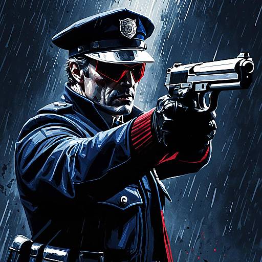 Futuristic Policeman Aiming Beretta 92F in Rain