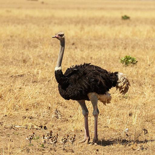 Photograph of a solitary ostrich with black plumage, white tail feathers, long neck, and long legs standing in a sunlit, dry grass