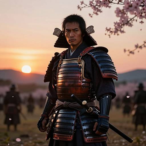 Photograph of a serious Asian samurai in detailed armor, holding a sword, standing against a sunset with cherry blossoms. Silhouetted background