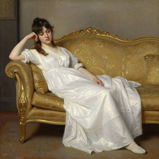 Photograph of a young woman in a white, shimmering dress, reclining on an ornate, gold-patterned sofa, with a relaxed,