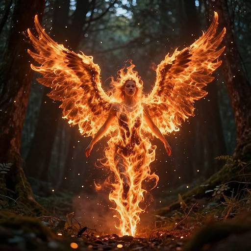 Photograph of a fiery, angelic figure with blazing orange wings, standing in a dark forest, surrounded by sparks and embers.