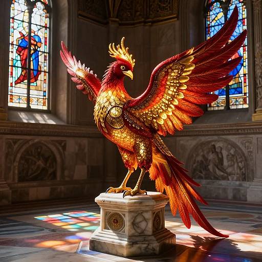 Digital artwork of a vibrant, golden and red phoenix with spread wings standing on a marble pedestal in a sunlit, stained-glass cathedral.