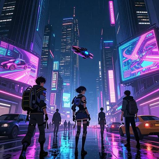 Neon-lit cyberpunk city street scene at night, featuring silhouetted teenagers with backpacks, colorful holographic billboards, and flying