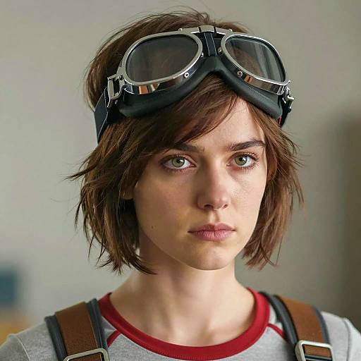 Young Woman Wearing Goggles and Grey Red Shirt