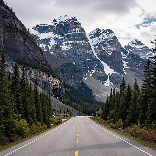 Photograph of a narrow, empty road leading to towering, snow-capped mountains with dark, rocky cliffs and dense evergreen forest on both sides.