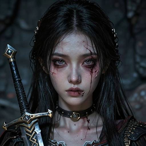 Digital artwork of a pale, blood-streaked, dark-haired woman with piercing eyes, wearing a black choker, and holding a silver sword.