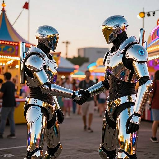 Photograph of two shiny, reflective humanoid robots shaking hands at a colorful, bustling carnival with blurred, brightly lit booths and people in the background.
