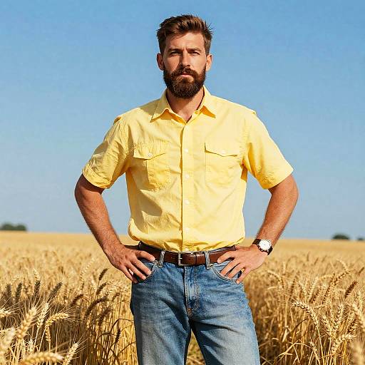 Photograph of a bearded man with short brown hair, wearing a yellow shirt and blue jeans, standing confidently in a golden wheat field under a clear