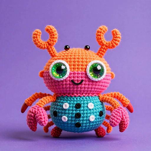 Colorful crochet crab toy with orange head, pink arms and legs, blue body, green eyes, and white dots, set against a purple background.