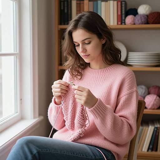 Photograph of a young woman with long brown hair, wearing a pink knitted sweater, sitting by a window, knitting, with bookshelves and