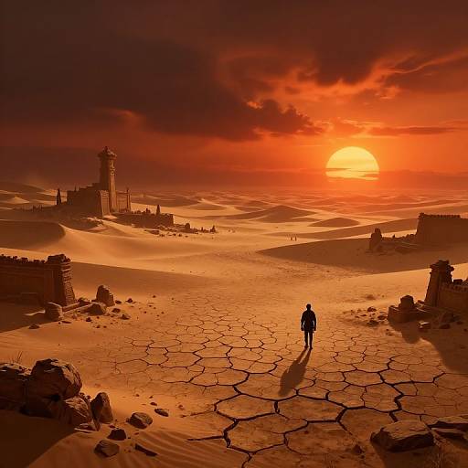 Digital artwork of a lone figure standing in a cracked, desert landscape at sunset. Warm orange sky, sun, distant castle, and ruins. Silhou