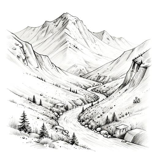 Black-and-white ink drawing of a mountainous landscape with steep peaks, dense evergreen forests, and winding paths, showcasing detailed line work and shading.