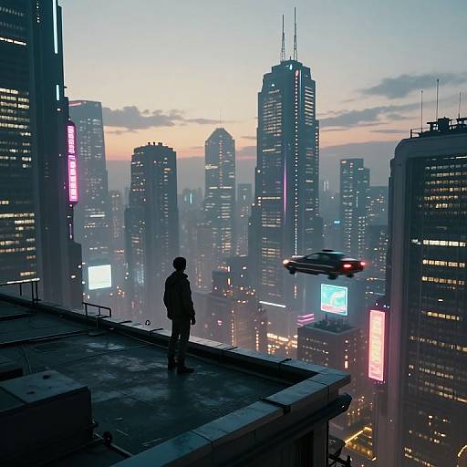 Silhouetted figure stands on rooftop, gazing at futuristic cityscape with glowing skyscrapers and hovering drone at dusk. Digital artwork.