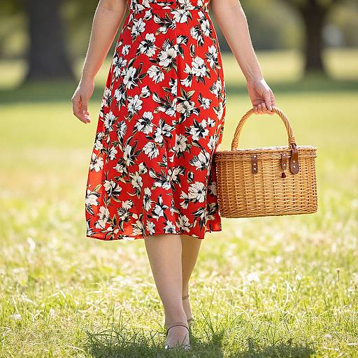 Photograph of a woman in a red floral dress holding a wicker basket, walking on sunlit grass in a park.