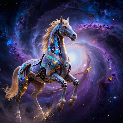 Digital art of a glowing, robotic horse with blue and gold mechanical parts, mane and tail in a vibrant, cosmic swirl background.