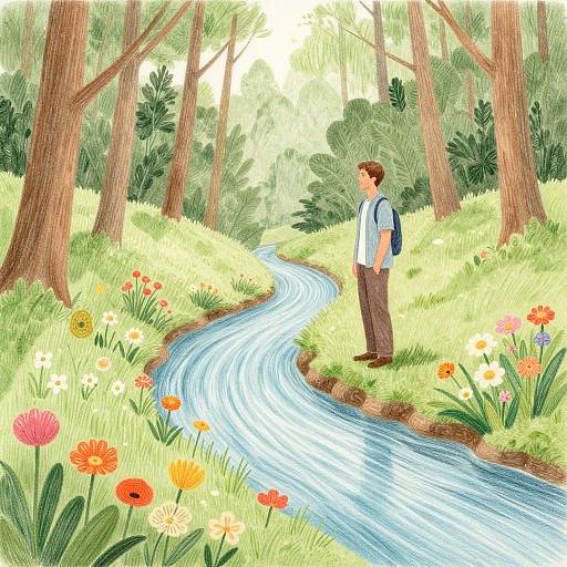 Illustration of a man with a backpack standing by a winding blue stream in a sunlit forest, surrounded by colorful flowers and tall trees.