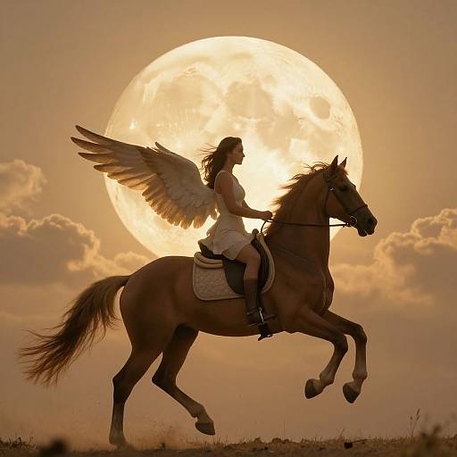 Silhouetted winged woman riding a galloping horse against a large, glowing full moon in a golden sunset sky. Photographic image.