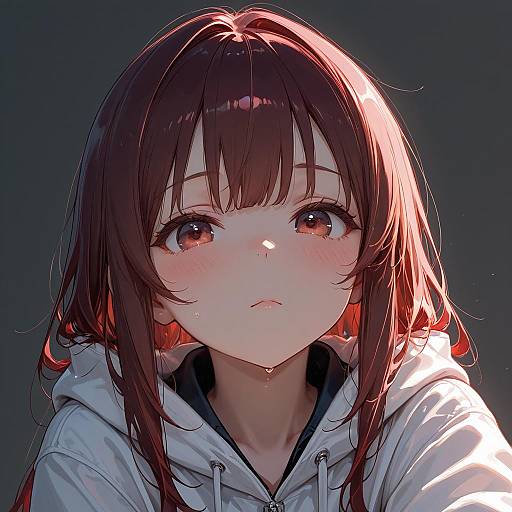 Anime Girl with Dark Red Hair and White Jacket