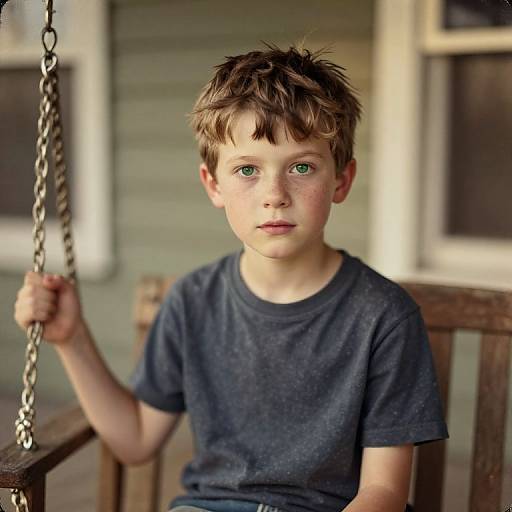 Photograph of a young boy with messy brown hair, green eyes, and fair skin, wearing a navy blue shirt, sitting on a wooden swing,