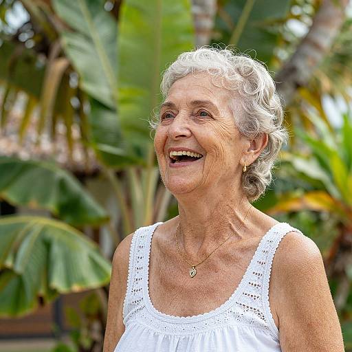 Photograph of an elderly woman with short, curly gray hair, smiling brightly in a white sleeveless top, surrounded by lush green tropical plants.
