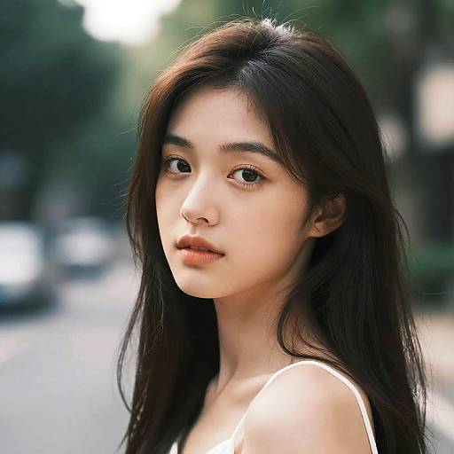Photograph of an Asian woman with long, dark brown hair, fair skin, and soft brown eyes, wearing a white tank top, standing on a