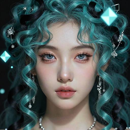 Digital portrait of a young woman with teal, curly hair, glowing blue eyes, and fair skin, adorned with sparkling stars and diamonds, set against a