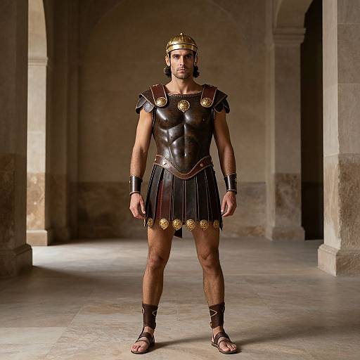 Photograph of a muscular man in ancient Greek-style armor, including a gold helmet, black leather chestplate, and pleated skirt, standing in a
