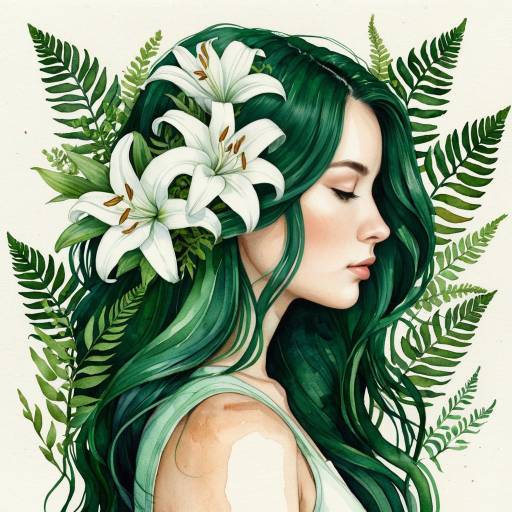 Profile of Woman with Emerald Hair and White Lilies