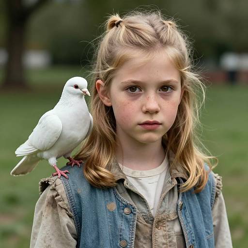 Photograph of a young blonde girl with freckles, wearing a denim vest over a beige shirt, standing in a park, with a white pigeon