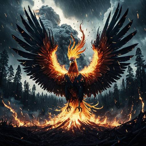 Ethereal Flaming Phoenix Over Burning Forest