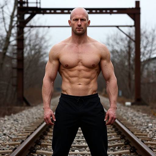 Photograph of a bald, muscular, shirtless man with defined abs, wearing black pants, standing confidently on railway tracks in a winter landscape.