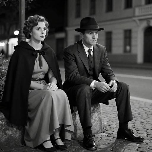 Vintage Style Couple Sitting on Cobblestone Street at Night