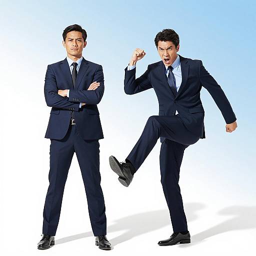 Intense Duo in Navy Suits under Sky