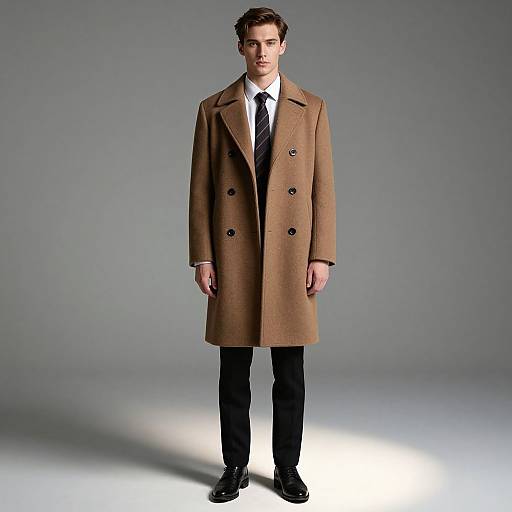 Photograph of a young, serious-looking man with short brown hair, wearing a long brown double-breasted coat, white shirt, black tie, black