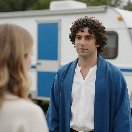 Man in Blue Robe by White Trailer