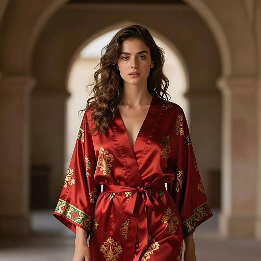 Woman in Red Silk Robe in Arched Doorway