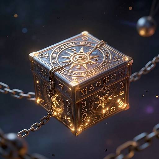Glowing, gold-accented, metallic cube pendant with compass and star design, inscribed 