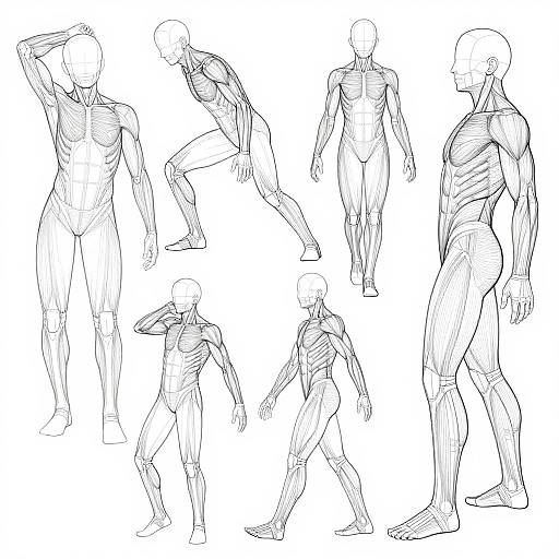 Black and white sketch of eight human figures in various dynamic poses, showing muscle structure and movement, detailed line art.